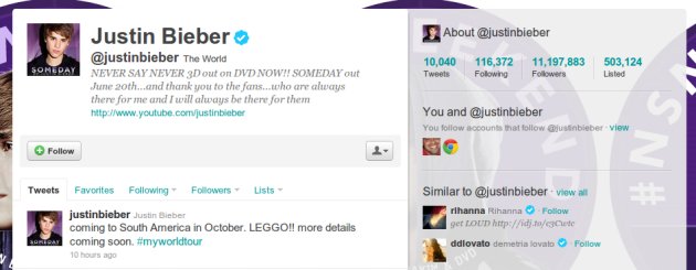 Perfil do Justin Bieber, uma das celebridades que mais atrai jovens para Twitter. justin bieber twitter Redes Sociais e Celebridades: Um Marketing que funciona.