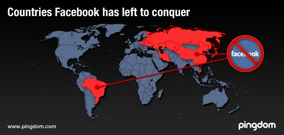 Mapa com os países onde o Facebook ainda não "dominou"