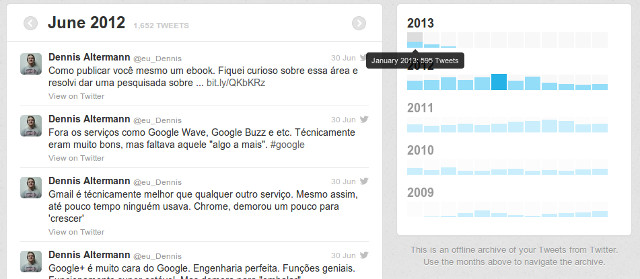 Arquivo do meu Twitter (eu_dennis) contendo todos os meus tweets.