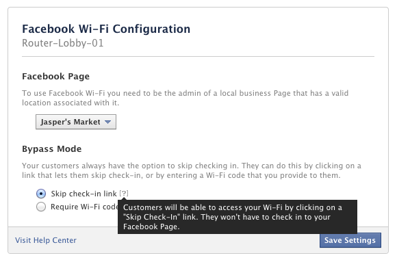 Está é a tela de configuração do Facebook WiFi