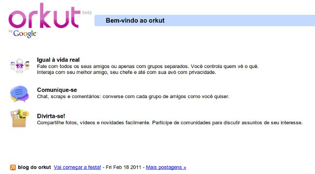 Atual tela inicial do Orkut.com