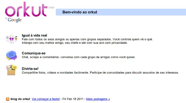 Atual tela inicial do Orkut.com