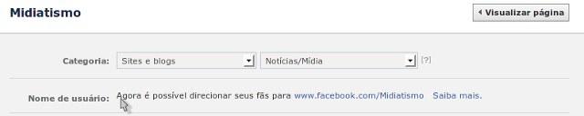 Área para escolher categoria na qual a Fan Page pertence