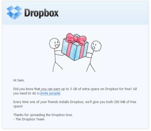 Mensagem do Dropbox incentivando que a pessoa traga amigos.